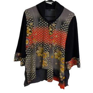 Moonlight Y S Fashion Top Womens Black Oriental Floral Asym Slit Button Open